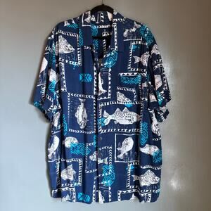 KING SIZE Men's 3XL Blue Exotic Fish Design Stamp Flowy Button Up Shirt Tropical